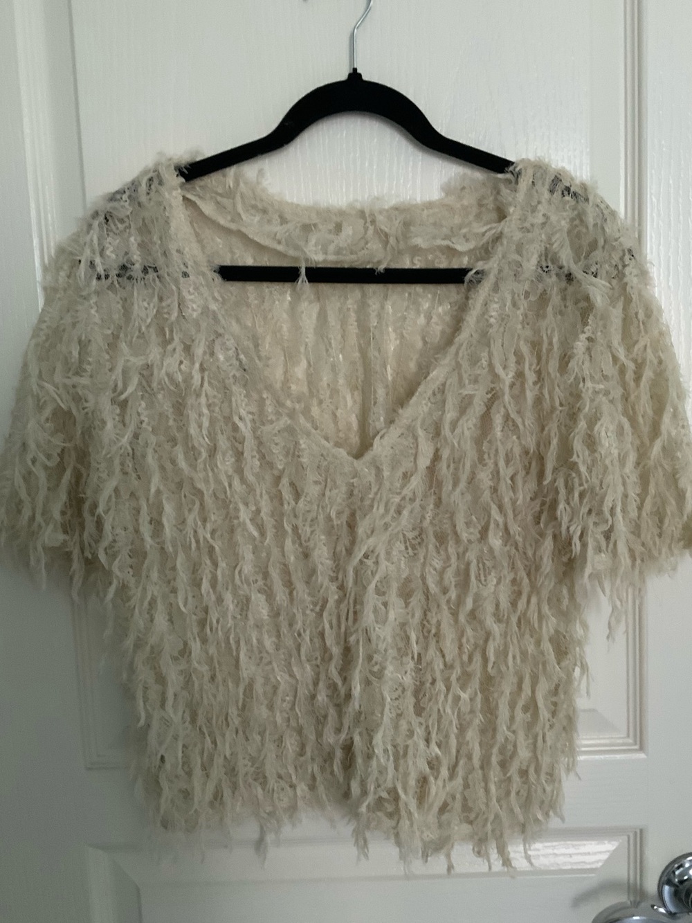 Zara Cream V-Neck Shaggy Knit Sweater  Smocked Mesh Top Medium